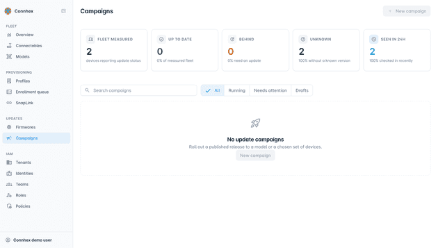 Firmware update campaigns in the new Connhex Control interface.